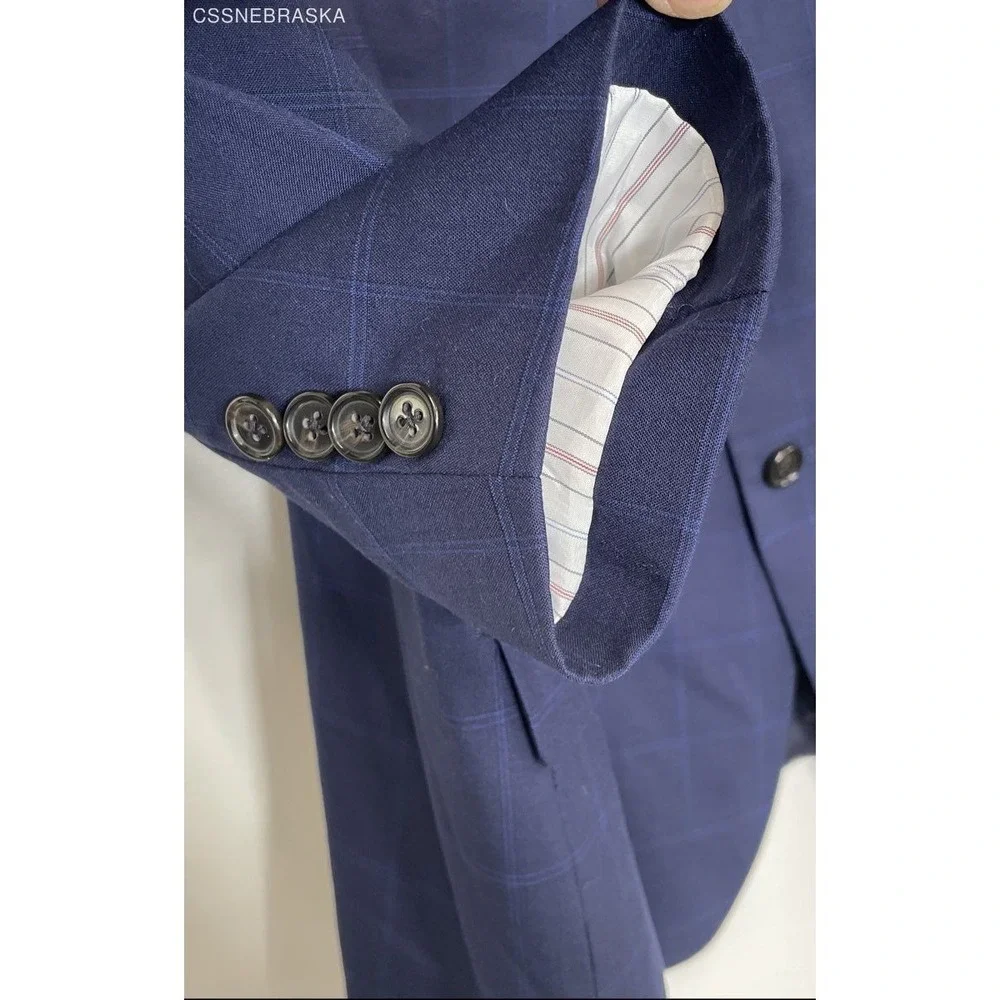 Ralph Lauren Blue Men's 100% Wool Plaid Windowpane Suit Jacket‎ - Size 54R
